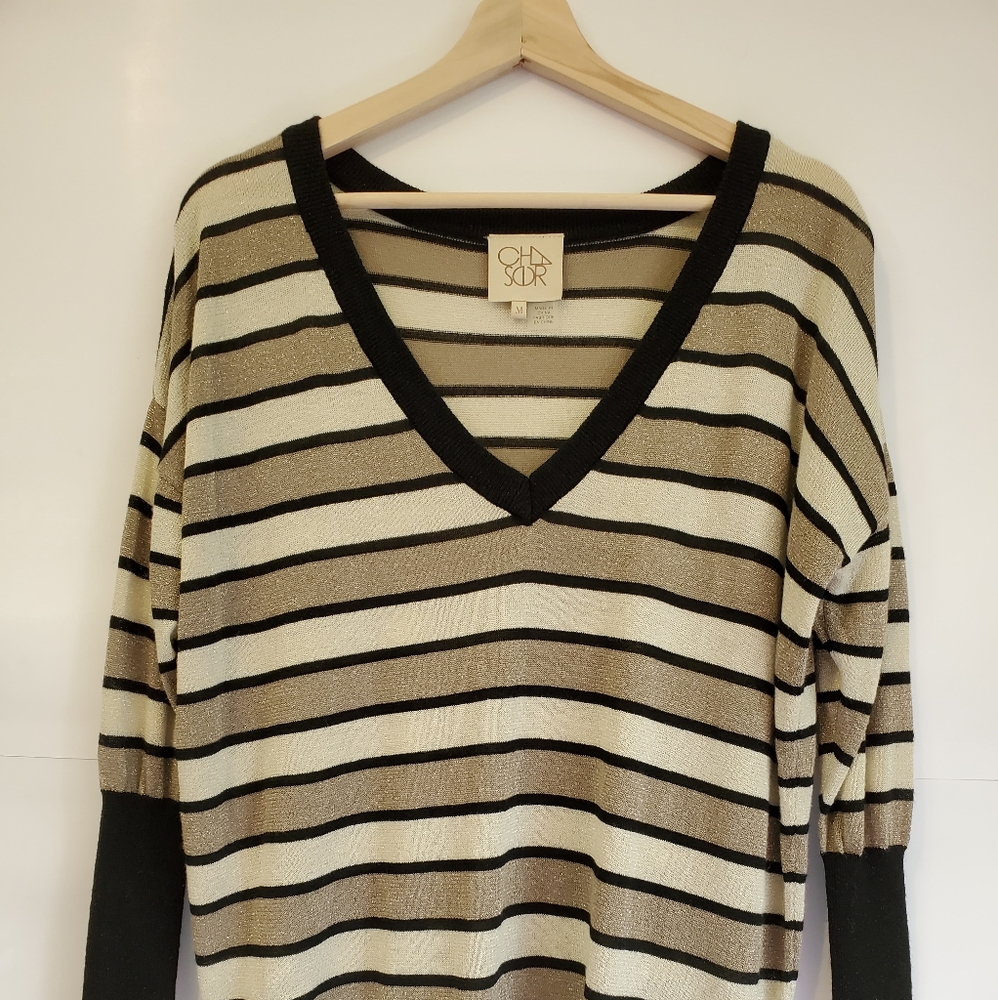 Chaser women striped v-neck sweater oversized,  M